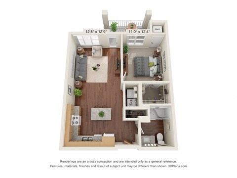 Floor plan for 1 bed, 1 bath, 723 sqft